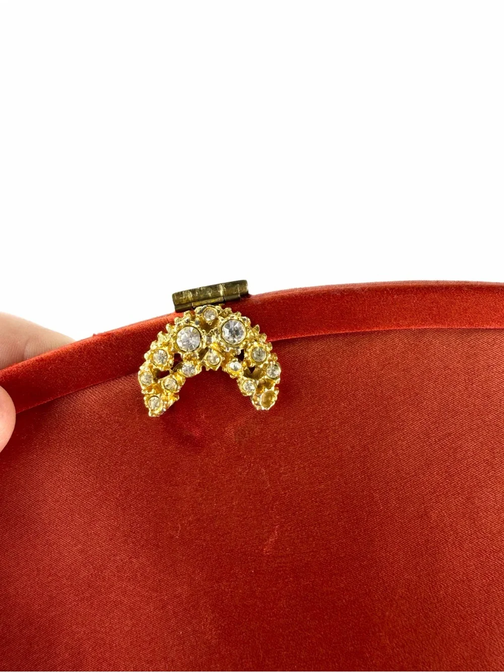 Vintage Rhinestone Clasp Evening Bag Rust Satin Clutch La France Handbag